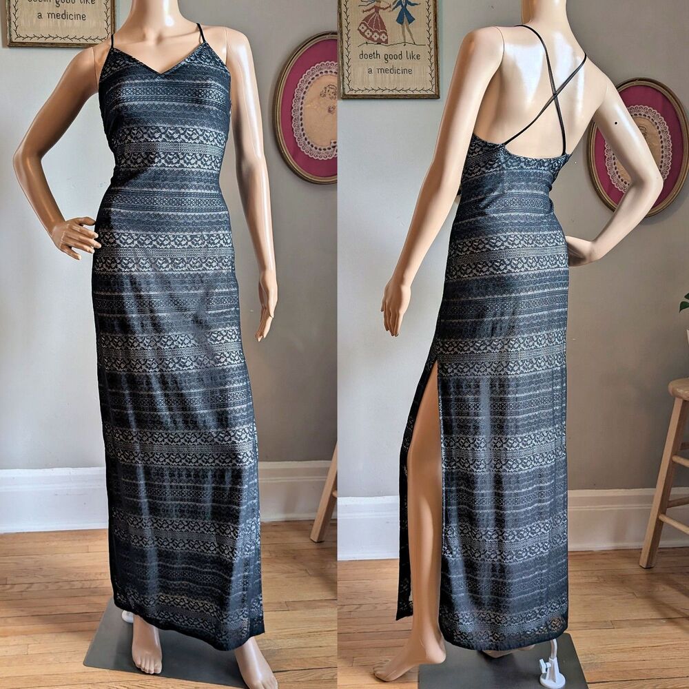 Vintage 90s Reggio Black Lace Gown Slip Dress Floral Whimsigoth Siren Size 6